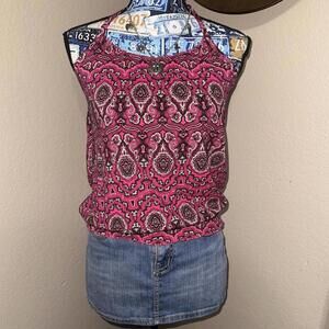 Y2K LEI pink and brown paisley boho halter top with beads